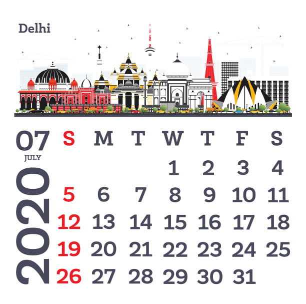2020年7月日历模板与德里市图片下载