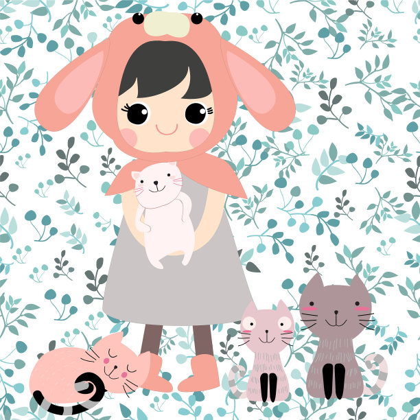 可爱的卡通小女孩和小花猫无缝连接图片下载