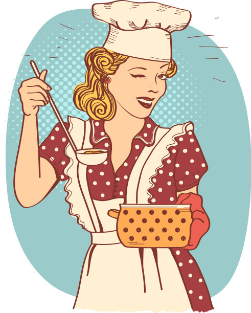 穿着复古衣服煮汤的年轻女子图片下载