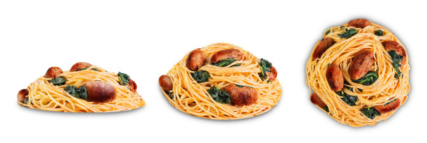 西红柿，菠菜，香肠，意大利面，白色盘子，白色背景图片下载