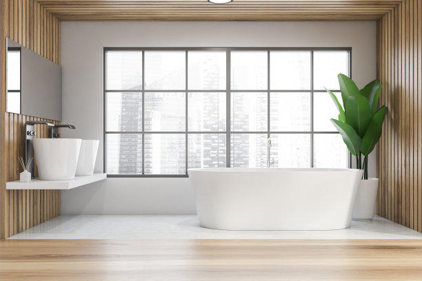 全景白色和木制的主浴室图片下载