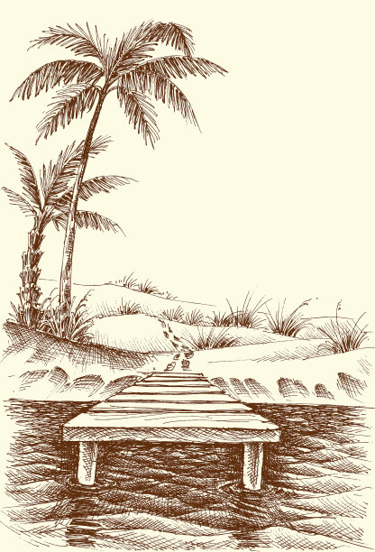 海滩画码头和岸上的棕榈树图片下载