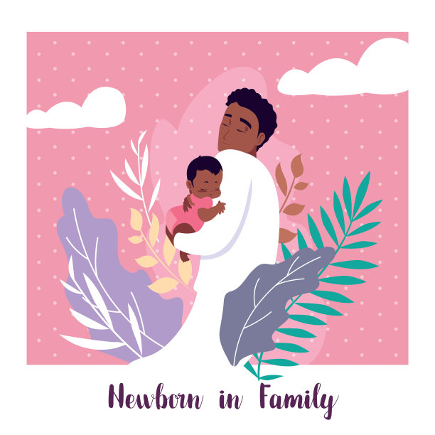 新出生的婴儿在家庭卡片上，爸爸的爆炸头和小图片下载