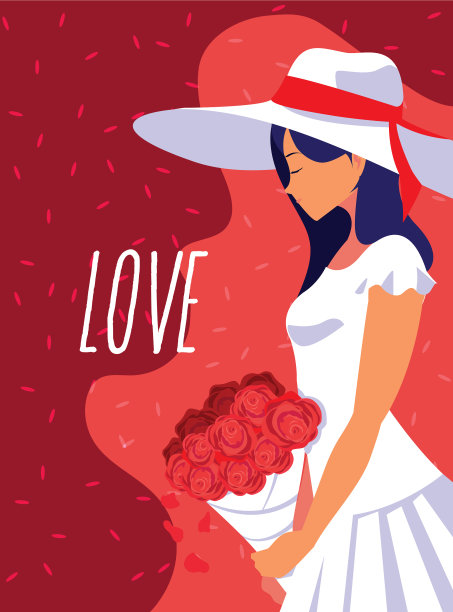 女人时尚与帽子和花束在爱情海报图片下载
