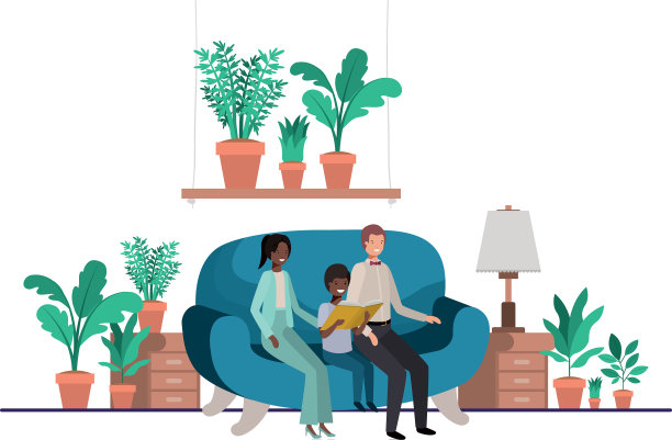 一对父母和儿子坐在客厅里图片下载