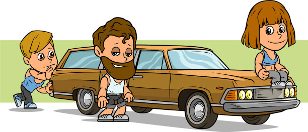 卡通男孩和女孩的性格与长复古车图片下载