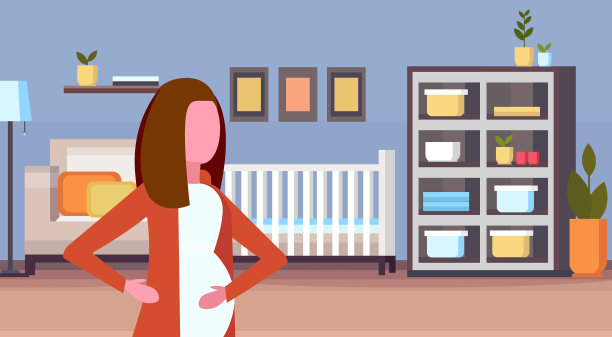 孕妇站在家里新生儿的床上图片下载