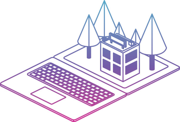 电脑笔记本电脑和建筑场景等距图标图片下载