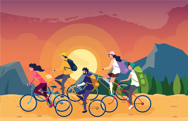 露营者在美丽的风景中骑着自行车图片下载