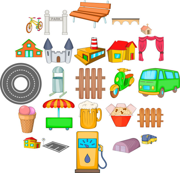 城镇图标设置卡通风格图片下载