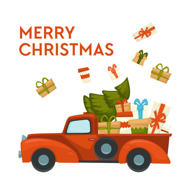 圣诞快乐，明信片车和礼物圣诞图片下载