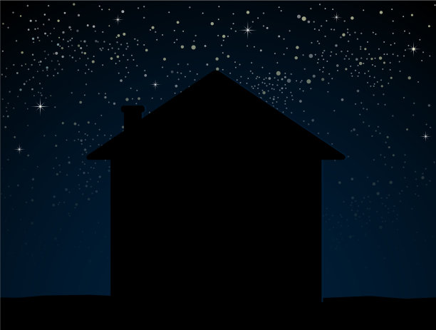 蓝色星空下的剪影小屋图片下载