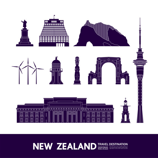 新西兰旅游目的地大矢量插图。图片下载