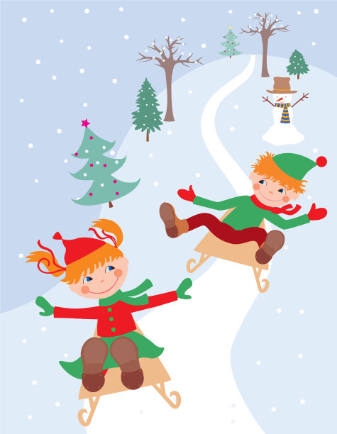 欢乐的孩子们乘着雪橇从冰滑梯上滑下来图片下载