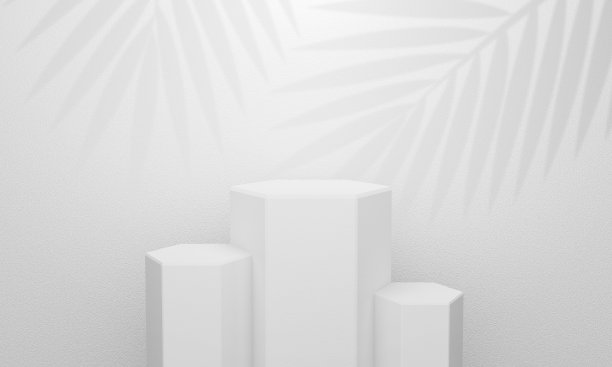 3d展台和棕榈叶。白色的空白空白的讲台孤立在灰色的背景。模型和展示产品的基座。室内舞台设计。抽象化妆品3d八角形广告。图片下载