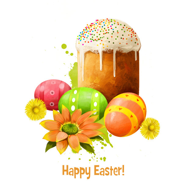 Paska面包与鸡蛋隔离在白色。东欧国家吃复活节面包。贺卡设计，节日海报，民族食品。复活节快乐数字横幅。剪贴画插图图片下载