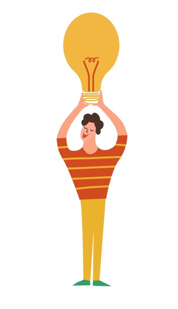 拿着灯泡的滑稽男子提出了新想法。矢量插图在卡通平面风格。图片下载