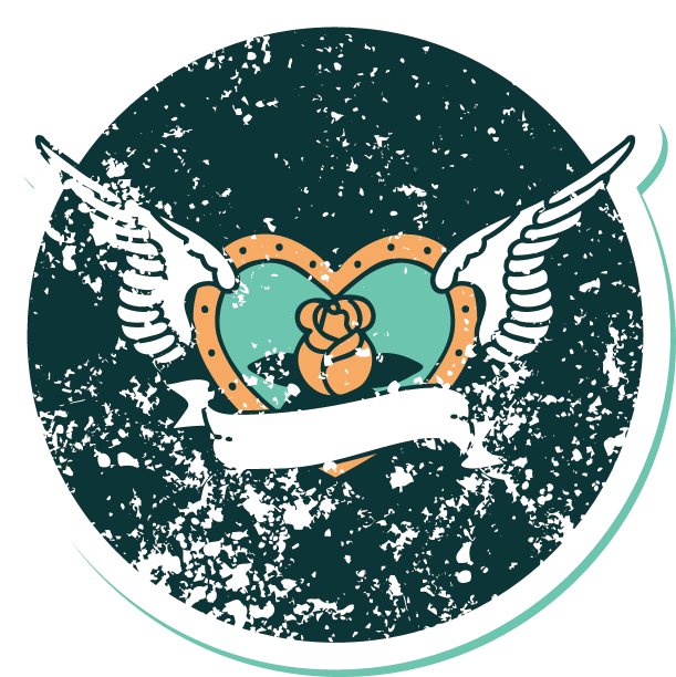 心疼贴纸纹身风格的图标，一个飞翔的心与鲜花和旗帜图片下载