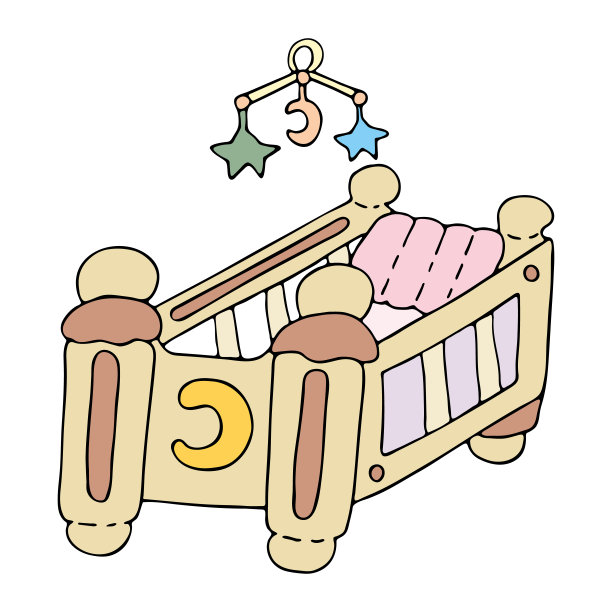 明亮的带枕头和摇铃的婴儿床(摇篮)。手绘矢量插图。刻有新月的木制摇篮。适合儿童房、邀请函、相册的最佳设计。着色页面。图片下载