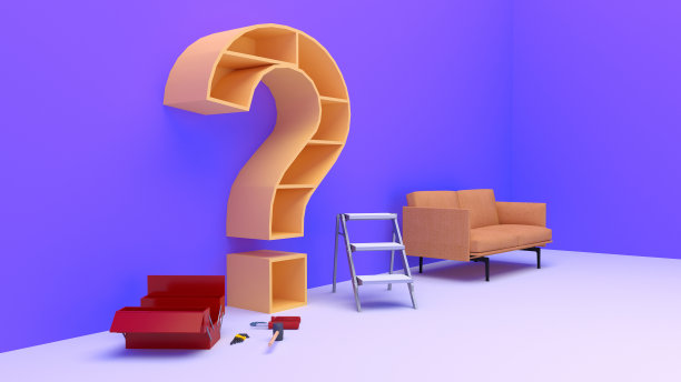 装修时客厅墙上的大问号。室内设计，3d渲染图。横幅，文本空间。生活区有沙发或扶手椅。图片下载