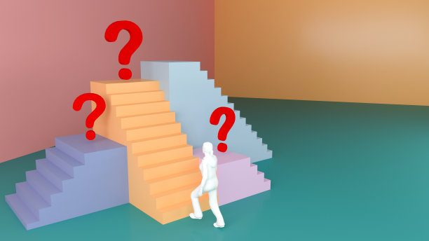 商人进入迷宫。寻找解决方案、解决问题、挑战等概念。年轻的商人困惑地看着问号。图片下载