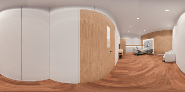 社交距离，3d渲染球面360 vr度，无缝全景的现代医院或诊所。室内设计3D渲染。图片下载