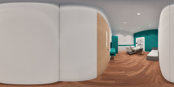 社交距离，3d渲染球面360 vr度，无缝全景的现代医院或诊所。室内设计3D渲染。图片下载