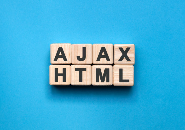 AJAX HTML -文本上的木制立方体上的蓝色背景图片下载