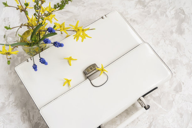 白色公文包旁边躺着一束鲜艳的鲜花，俯视图。一个春夏购物的概念，商业和浪漫，回到学校，母亲的假期图片下载