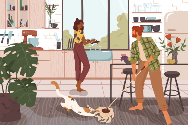 有趣的夫妇一起打扫房子的卡通图片下载
