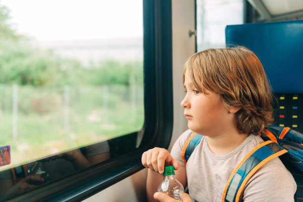 这是一幅小孩子乘火车旅行的照片，他们背着背包，手里拿着一瓶水，望着窗外图片下载