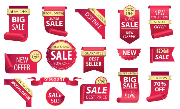 价格标签，红丝带横幅。促销，网站贴纸，新优惠徽章收集孤立。插图。图片下载