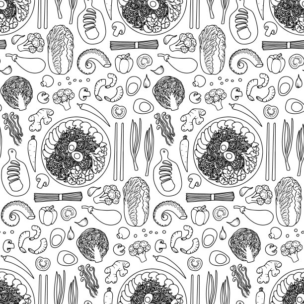 手绘亚洲拉面矢量无缝模式。图片下载