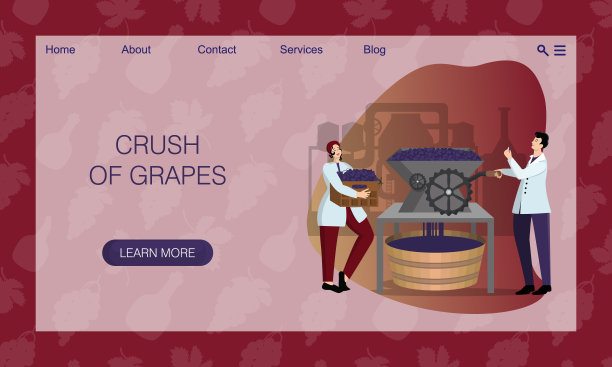 男和女酿酒师穿着工作制服在酿酒厂的工业设备上弄皱葡萄。网站概念，登陆页面设计模板图片下载