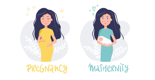 怀孕和孕产-年轻快乐的妇女怀孕和新生儿。矢量插图在平面风格。图片下载