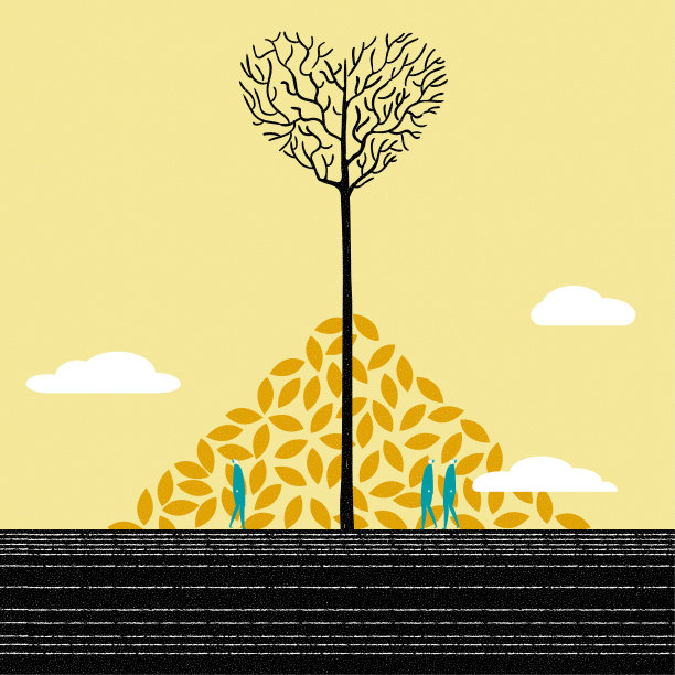 三个人站在树下，抬头看，云在天上。树叶形成一个三角形，树枝是心形的。图片下载