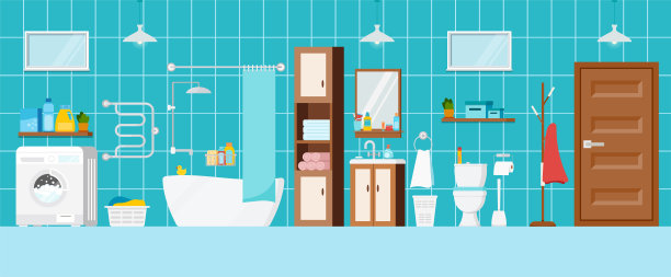 现代浴室，卫生间和洗衣机的内部场景。图片下载