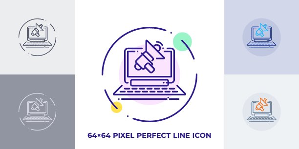 笔记本电脑与扬声器线艺术矢量图标。广告的轮廓符号。商业推广用象形文字做成的细笔画。孤立的背景。图片下载