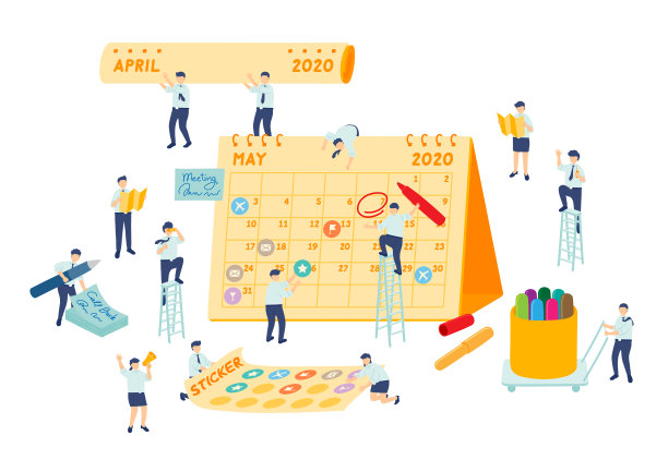 工作日程员工团队管理，微型装配团队员工制定计划日历，商业隐喻概念，海报或社交横幅设计，矢量插图孤立的背景图片下载