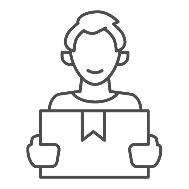 客户端与框细线图标，配送物流服务符号，快递矢量标志在白色背景，快递员持有框图标轮廓风格的移动概念和web。矢量图形。图片下载