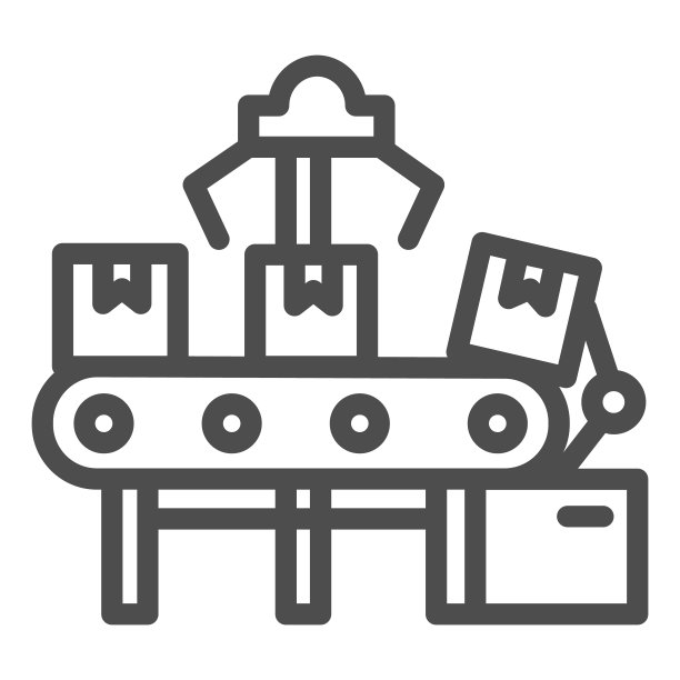 自动输送带和盒子线图标，配送物流符号，自动输送带与包裹矢量标志上的白色背景，自动纸板箱包装图标轮廓。向量。图片下载