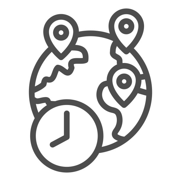 全球大头针和时钟线图标，全球交付符号，地点在行星地球矢量标志上的白色背景，快速物流全球交付与点图标的轮廓。向量。图片下载