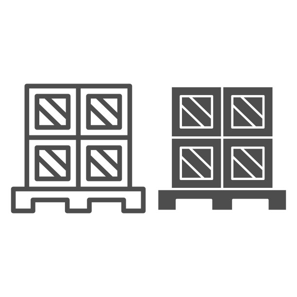 货箱托盘线性图标和实体图标：仓库和物流符号，白色背景上的木制托盘矢量标志上的纸板箱，纸箱交付包装图标轮廓样式，矢量图形图片下载