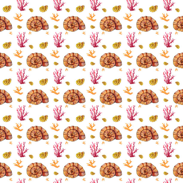 无缝模式。手绘水彩贝壳和珊瑚在白色的背景。图片下载