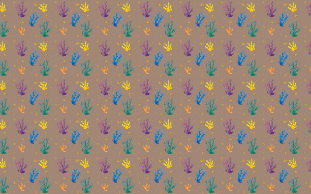 无缝模式。在棕色背景上手绘贝壳和珊瑚的水彩画。图片下载