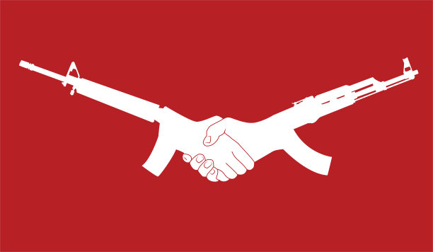 在红色背景下，手握武器形状的和平握手图片下载