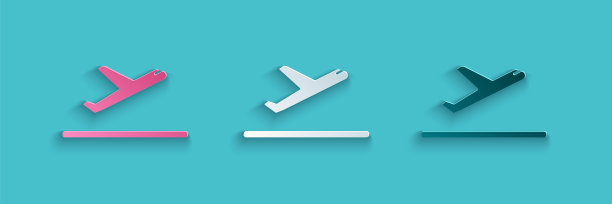 飞机起飞图标孤立在蓝色背景上。飞机运输的象征。纸艺术风格。矢量图素材图片