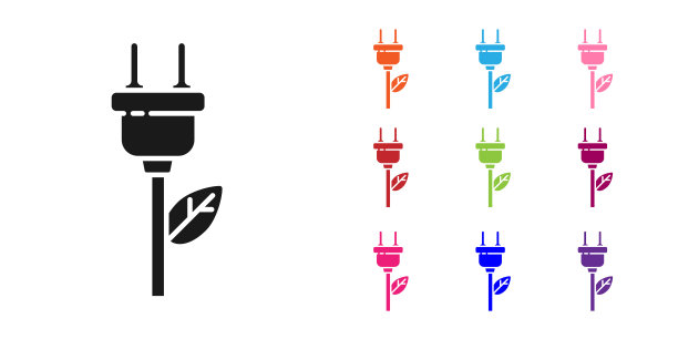 黑色电力节省插头上的叶子图标隔离在白色背景。节约能源电力。环境保护。生物能源。设置图标丰富多彩。矢量图素材图片