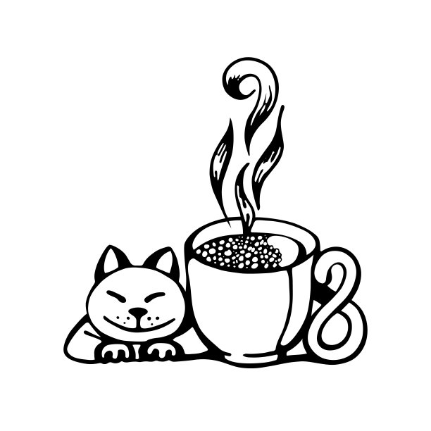 标志，图标的形式，一只猫和一杯咖啡图片下载