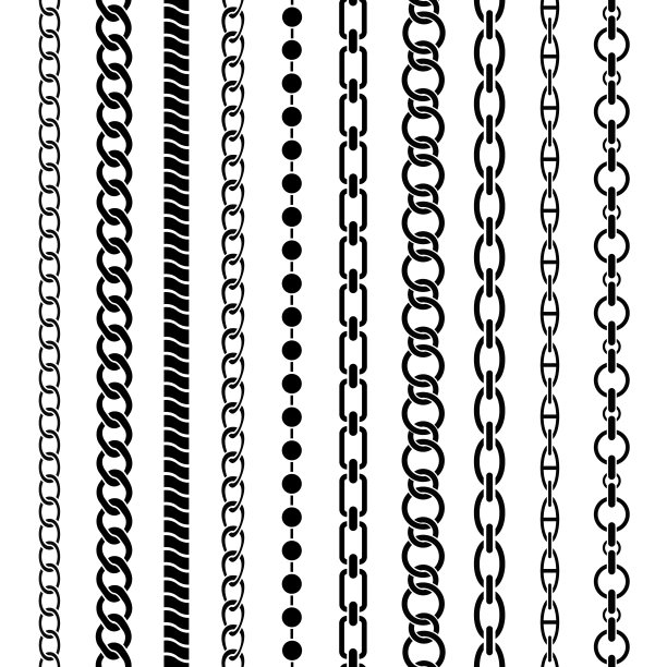 链的边界。不同形状的无缝黑色链条，金属链扣。编织绳、珠宝元素奢侈重复图案向量集图片下载